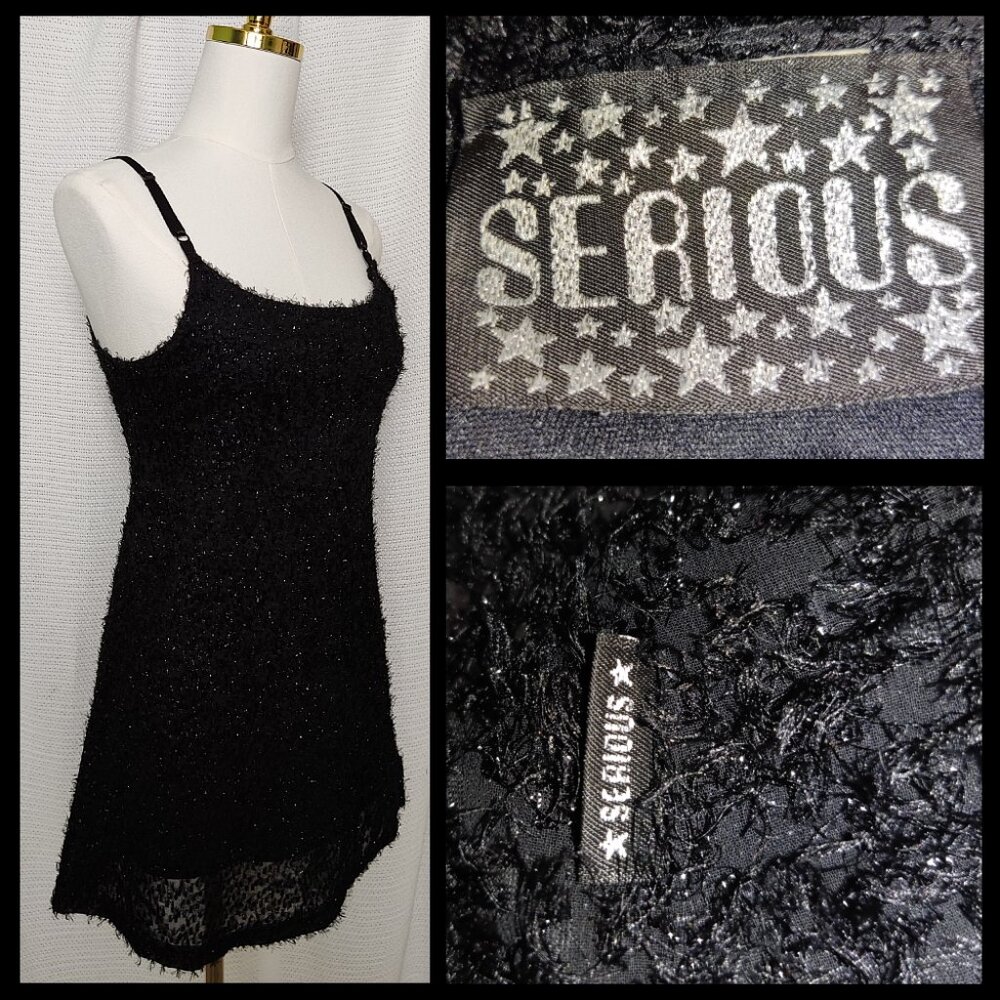 Serious | fuzzy sparkly black mini dress | adjustable strap